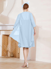 Robe de A-ligne en Mousseline à Encolure Carrée Longueur aux Genoux avec Veste Bleu Ciel Grande Taille
