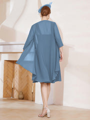 Robe de A-ligne en Mousseline à Encolure Carrée Longueur aux Genoux avec Veste Bleu de Schiste Grande Taille
