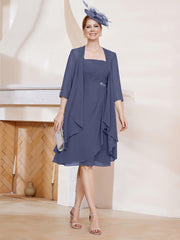 Robe de A-ligne en Mousseline à Encolure Carrée Longueur aux Genoux avec Veste Orageux Grande Taille