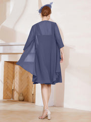 Robe de A-ligne en Mousseline à Encolure Carrée Longueur aux Genoux avec Veste Orageux Grande Taille