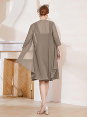Robe de A-ligne en Mousseline à Encolure Carrée Longueur aux Genoux avec Veste Taupe Grande Taille
