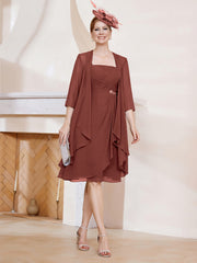 Robe de A-ligne en Mousseline à Encolure Carrée Longueur aux Genoux avec Veste Terracotta
