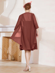 Robe de A-ligne en Mousseline à Encolure Carrée Longueur aux Genoux avec Veste Terracotta
