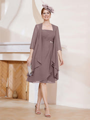 Robe de A-ligne en Mousseline à Encolure Carrée Longueur aux Genoux avec Veste Vintage Mauve