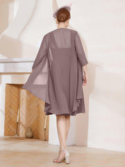 Robe de A-ligne en Mousseline à Encolure Carrée Longueur aux Genoux avec Veste Vintage Mauve Grande Taille