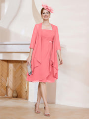 Robe de A-ligne en Mousseline à Encolure Carrée Longueur aux Genoux avec Veste Pastèque