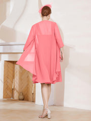 Robe de A-ligne en Mousseline à Encolure Carrée Longueur aux Genoux avec Veste Pastèque