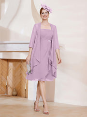 Robe de A-ligne en Mousseline à Encolure Carrée Longueur aux Genoux avec Veste Glycine