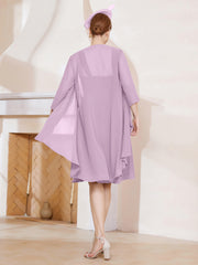 Robe de A-ligne en Mousseline à Encolure Carrée Longueur aux Genoux avec Veste Glycine