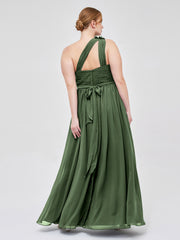 Une Épaule Florale Mousseline Robes Avec Poche Olive Verte