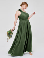 Une Épaule Florale Mousseline Robes Avec Poche Olive Verte