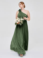 Une Épaule Florale Mousseline Robes Avec Poche Olive Verte Grande Taille