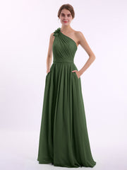 Une Épaule Florale Mousseline Robes Avec Poche Olive Verte