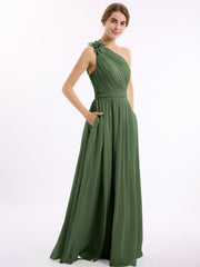 Une Épaule Florale Mousseline Robes Avec Poche Olive Verte
