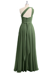 Une Épaule Florale Mousseline Robes Avec Poche Olive Verte