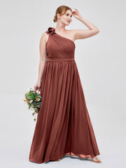 Une Épaule Florale Mousseline Robes Avec Poche terracotta Grande Taille