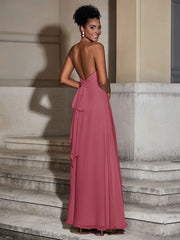 Licou Mousseline Robes Longues Pour Demoiselles d'Honneur Cannelle Rose Grande Taille
