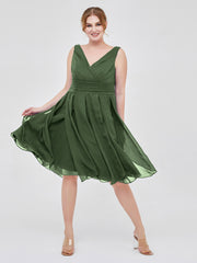 Robe Courte Mousseline avec Col en V Olive Verte Grande Taille