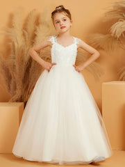 Robe de Fille en Tulle et Dentelle Florale avec Longueur au Sol