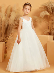 Robe de Fille en Tulle et Dentelle Florale avec Longueur au Sol
