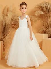 Robe de Fille en Tulle et Dentelle Florale avec Longueur au Sol