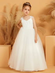 Robe de Fille en Tulle et Dentelle Florale avec Longueur au Sol