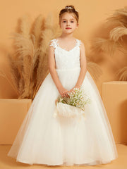 Robe de Fille en Tulle et Dentelle Florale avec Longueur au Sol