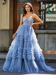 Robe de Soirée de A-ligne en Tulle à Col en Cœur avec Traîne Balayage Bleu Poudré
