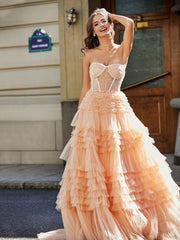 Robe de Soirée de A-ligne en Tulle à Col en Cœur avec Traîne Balayage Pêche Grande Taille