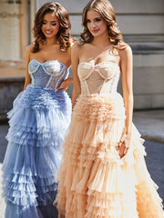 Robe de Soirée de A-ligne en Tulle à Col en Cœur avec Traîne Balayage Pêche Grande Taille
