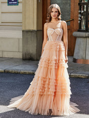 Robe de Soirée de A-ligne en Tulle à Col en Cœur avec Traîne Balayage Pêche Grande Taille