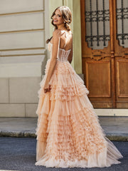 Robe de Soirée de A-ligne en Tulle à Col en Cœur avec Traîne Balayage Pêche