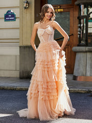 Robe de Soirée de A-ligne en Tulle à Col en Cœur avec Traîne Balayage Pêche