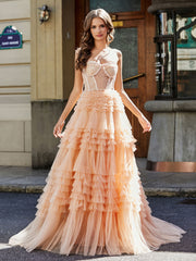 Robe de Soirée de A-ligne en Tulle à Col en Cœur avec Traîne Balayage Pêche