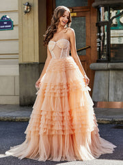 Robe de Soirée de A-ligne en Tulle à Col en Cœur avec Traîne Balayage Pêche