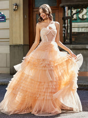 Robe de Soirée de A-ligne en Tulle à Col en Cœur avec Traîne Balayage Pêche