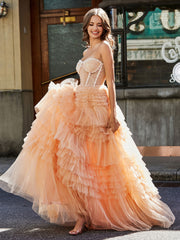 Robe de Soirée de A-ligne en Tulle à Col en Cœur avec Traîne Balayage Pêche Grande Taille