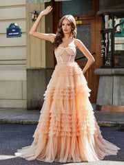 Robe de Soirée de A-ligne en Tulle à Col en Cœur avec Traîne Balayage Pêche