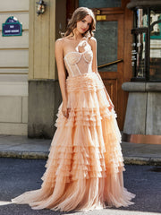 Robe de Soirée de A-ligne en Tulle à Col en Cœur avec Traîne Balayage Pêche Grande Taille