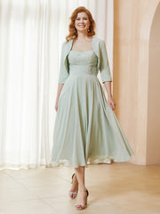 Robe de A-ligne en Mousseline et Dentelle à Col Illusion Longueur de Mollet Sauge Poudrée