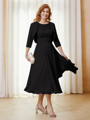 Robe de A-ligne en Mousseline et Dentelle à Col Illusion Longueur de Mollet Noir Grande Taille