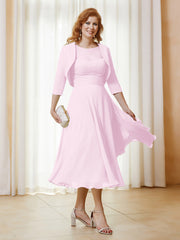 Robe de A-ligne en Mousseline et Dentelle à Col Illusion Longueur de Mollet Rose Pâle Grande Taille