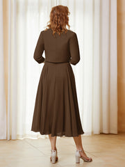 Robe de A-ligne en Mousseline et Dentelle à Col Illusion Longueur de Mollet Brun