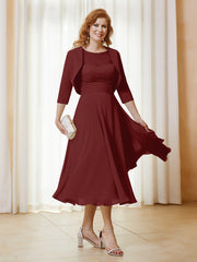 Robe de A-ligne en Mousseline et Dentelle à Col Illusion Longueur de Mollet Bordeaux Grande Taille