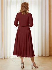 Robe de A-ligne en Mousseline et Dentelle à Col Illusion Longueur de Mollet Bordeaux