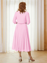 Robe de A-ligne en Mousseline et Dentelle à Col Illusion Longueur de Mollet Rose Bonbon
