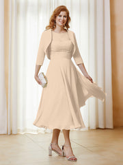 Robe de A-ligne en Mousseline et Dentelle à Col Illusion Longueur de Mollet Champagne