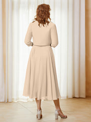 Robe de A-ligne en Mousseline et Dentelle à Col Illusion Longueur de Mollet Champagne