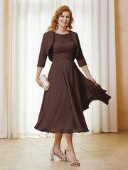 Robe de A-ligne en Mousseline et Dentelle à Col Illusion Longueur de Mollet Chocolat