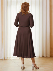 Robe de A-ligne en Mousseline et Dentelle à Col Illusion Longueur de Mollet Chocolat